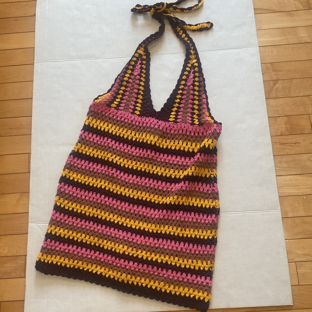ZARA, Colourful Retro Crochet Halter Dress, with deep V-Neck Size Large - Picture 10 of 17